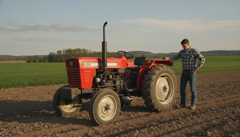 A photorealistic image of a beginner farmer's tractor in a rural field setting. In the foreground, depict a bright red tractor with a standard design, showcasing its basic features like large wheels and a compact body, parked on tilled soil. In the middle ground, add a young farmer in modest casual clothing, examining the tractor with a look of curiosity and determination. The background should feature green fields under a clear blue sky, with a few distant trees and a hint of rolling hills to create a sense of openness and opportunity. The lighting is soft and natural, capturing the warmth of a sunny day, and the composition is shot at eye level to emphasize the tractor's importance in the farming journey.