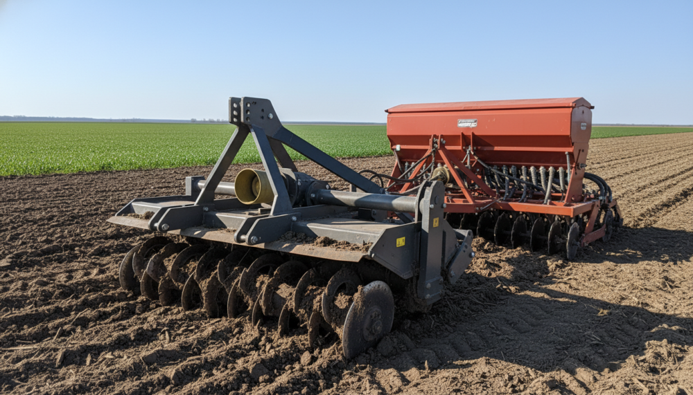A photorealistic depiction of ground cultivation equipment designed for farming, prominently featuring a high-quality soil tiller and a seed drill. In the foreground, the tiller displays intricate details like sturdy metal blades and a robust frame, with soil clods scattered around it. In the middle ground, the seed drill is positioned on freshly tilled earth, showcasing the mechanism for seed distribution. The background features a lush, green field under a clear blue sky, emphasizing an agricultural setting. Soft, natural lighting enhances the textures of the equipment and the richness of the soil while creating a warm, inviting atmosphere. The scene conveys a sense of readiness for planting, embodying the essential tools a beginner farmer would need.